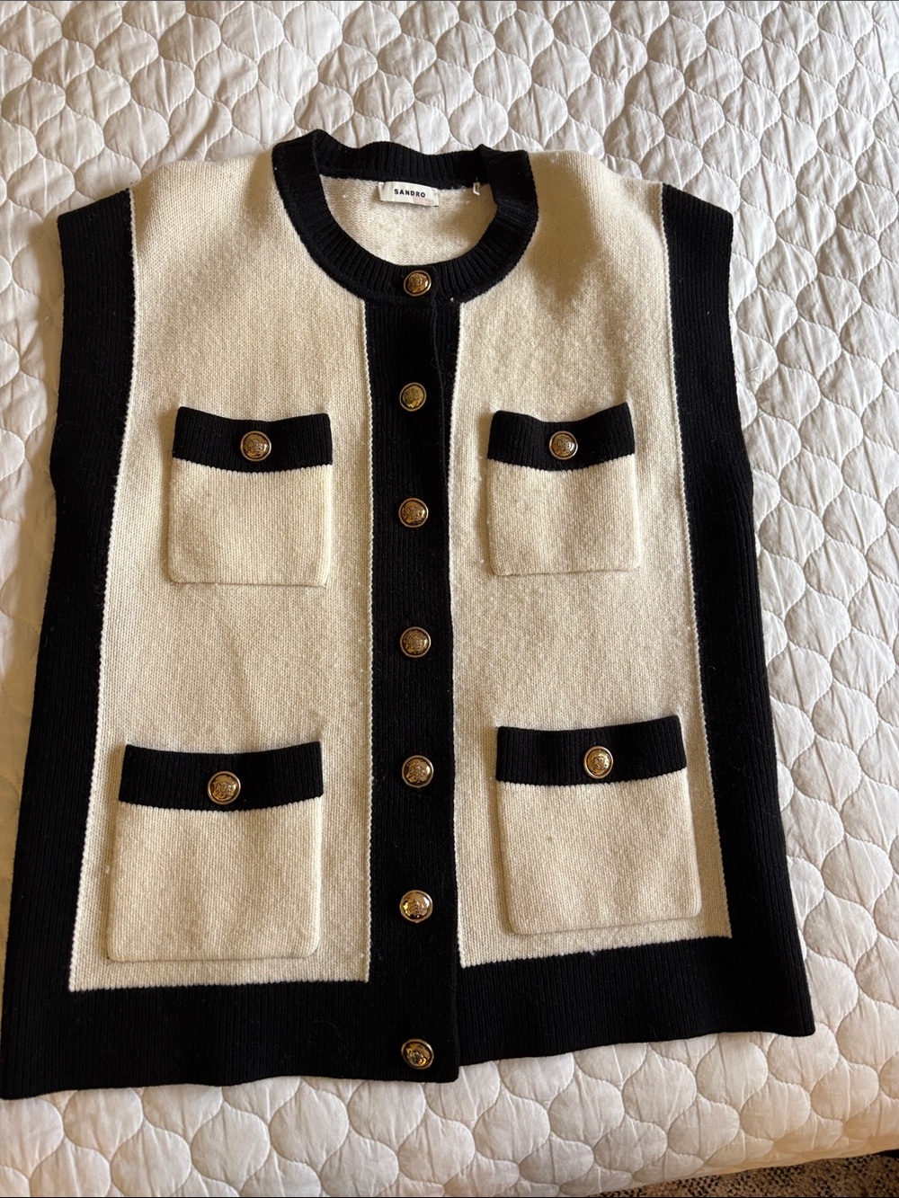 Sandro Cream Knit Vest with Black Trim and Gold Buttons